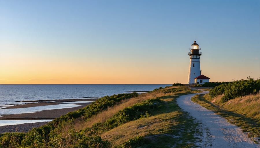 Historic lighthouse at Presqu'ile Provincial Park with Lake Ontario's waves and hiking trail in foreground