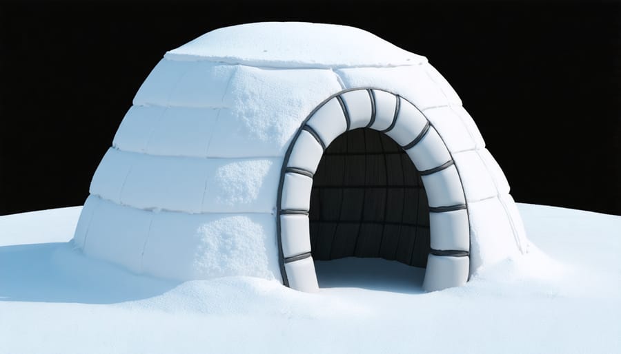 Four-panel image showing the process of building a quinzee snow shelter in Ontario wilderness