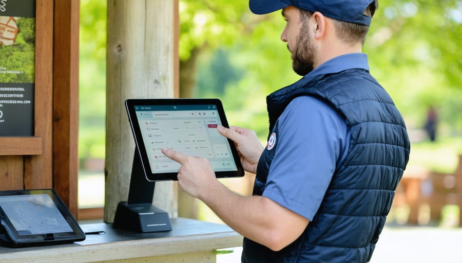 Campground staff member checking in visitors using digital reservation system