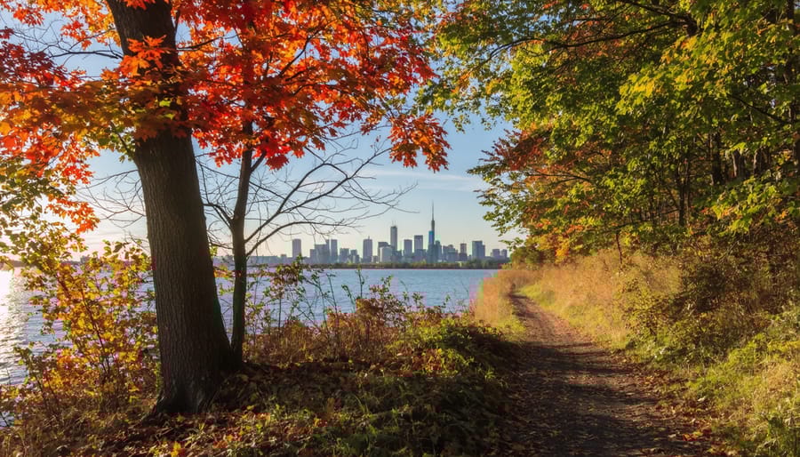 Autumn trees lining hiking trail at Rouge Park with Lake Ontario and city views