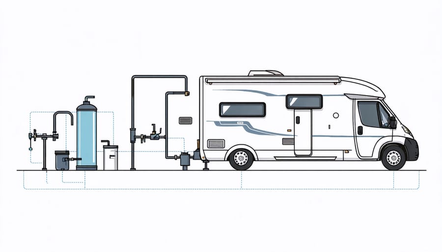 Infographic showing water conservation features in an RV including low-flow fixtures and greywater recycling