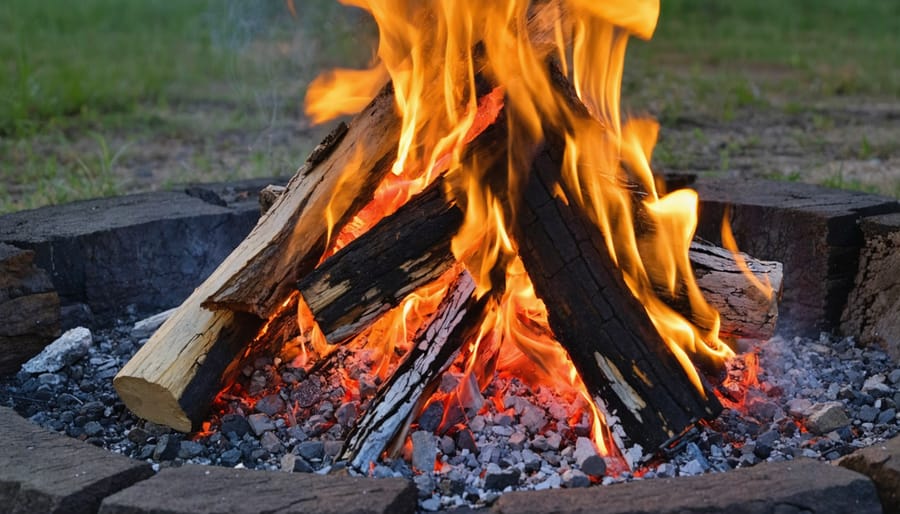 Safe campfire setup showing proper fire pit use with water bucket and safety tools nearby