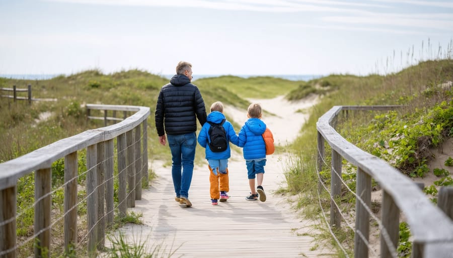 Wide wooden boardwalk trail through sand dunes with family hiking at Sandbanks Provincial Park