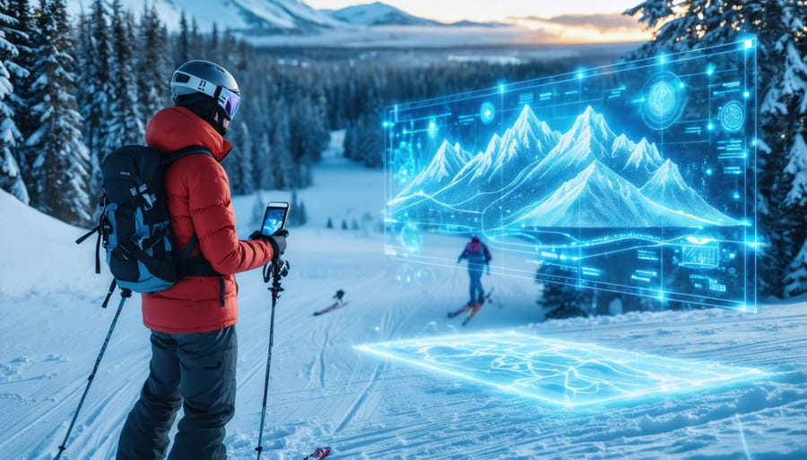 Skier using a smartphone to view a digital trail map, highlighting smart skiing technology in a picturesque Ontario park setting.
