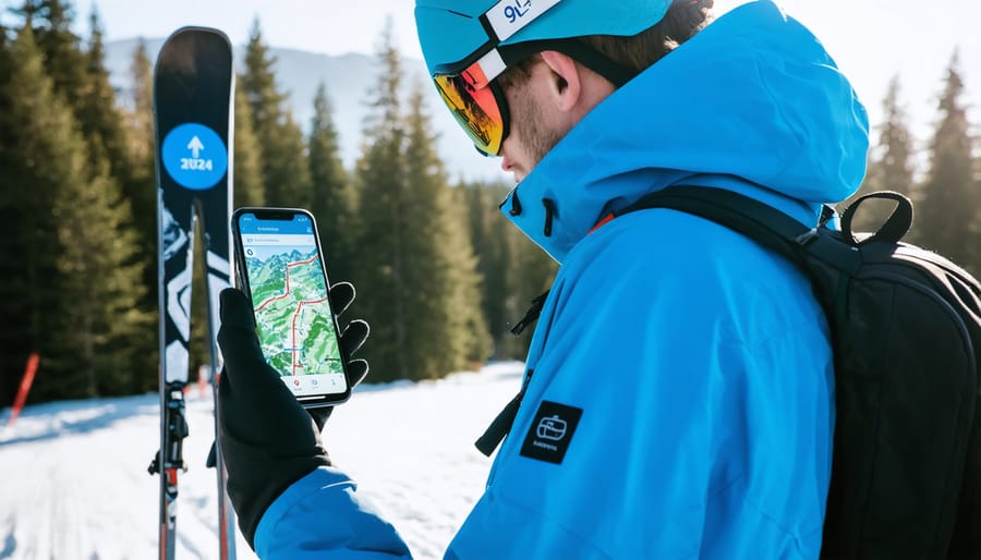 Skier using a mobile app to navigate winter trails with smart trail marker visible