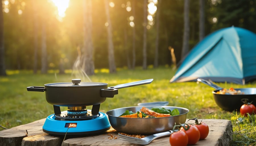 Camper using a portable solar cooker to heat food while camping outdoors