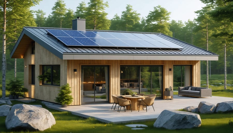 Sustainable eco-cabin with solar panels nestled in Ontario Parks forest setting