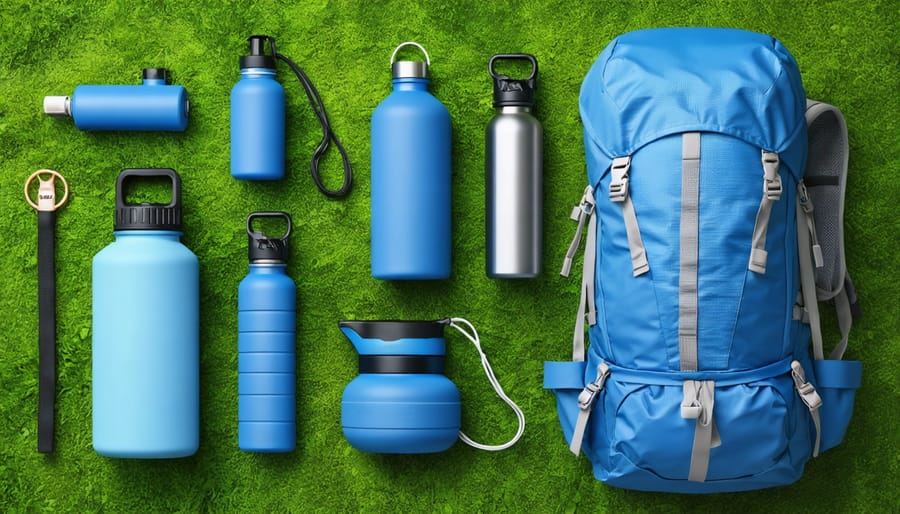 Display of sustainable hiking equipment featuring backpack made from recycled materials and reusable water filter