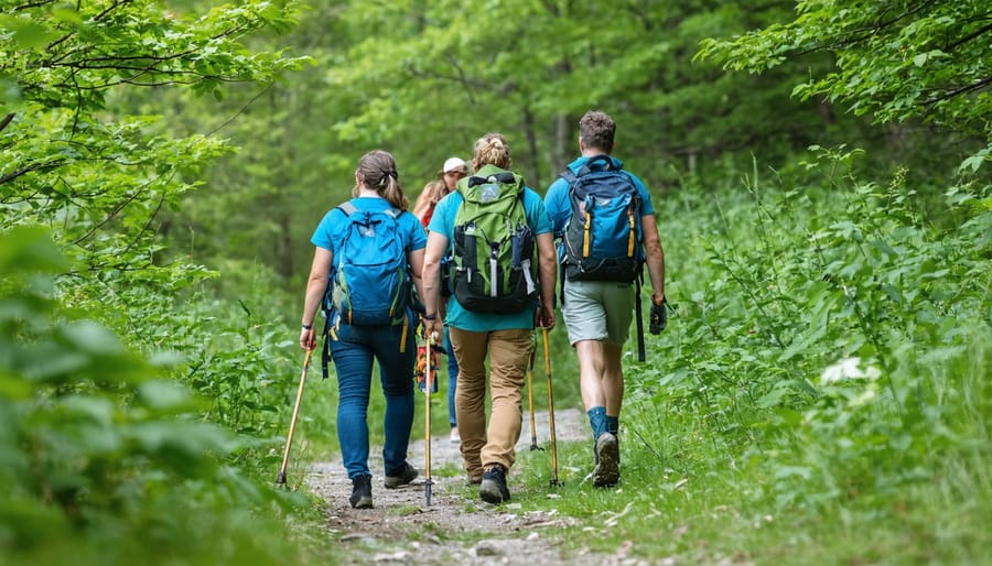 Group of diverse volunteers clearing brush and maintaining trails in a provincial park