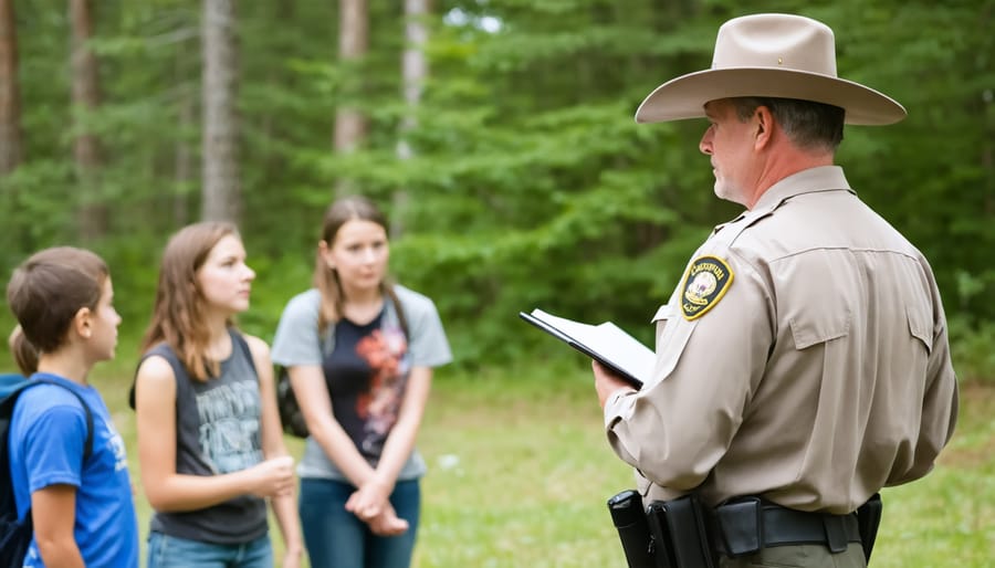 Park staff conducting an informational meeting with campers