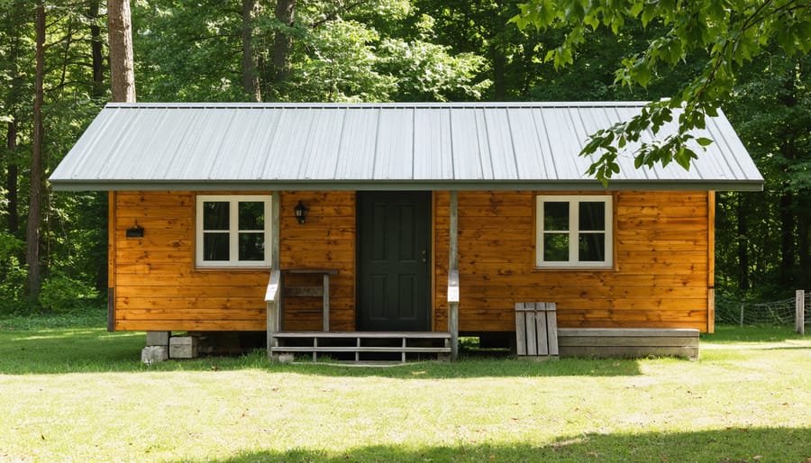 Rustic volunteer cabin surrounded by forest with basic amenities visible