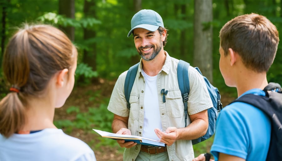 Park volunteer engaging with a family group during a nature interpretation session