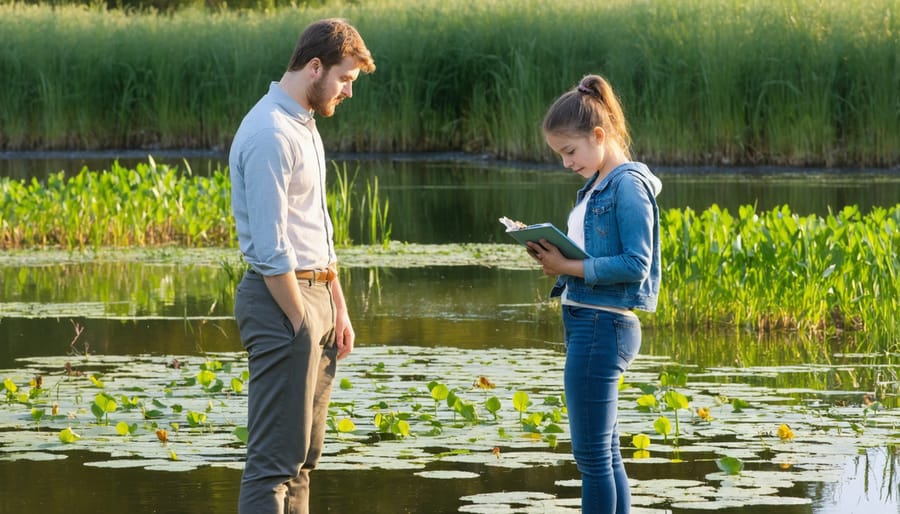 Expert guide demonstrating wetland ecology to students at the water's edge