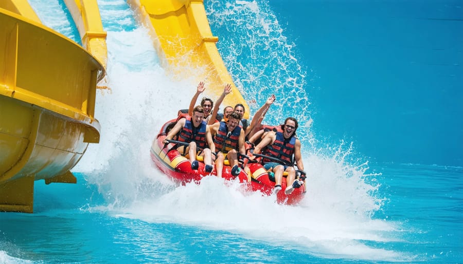 Multiple guests riding colorful water slides at Wet'n'Wild Toronto water park