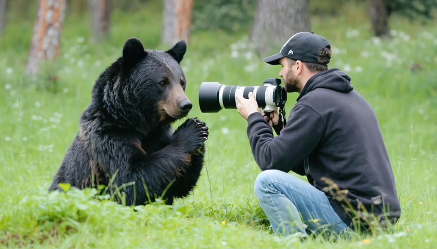 Photographer demonstrating proper wildlife photography technique with professional camera equipment at a safe distance from a black bear