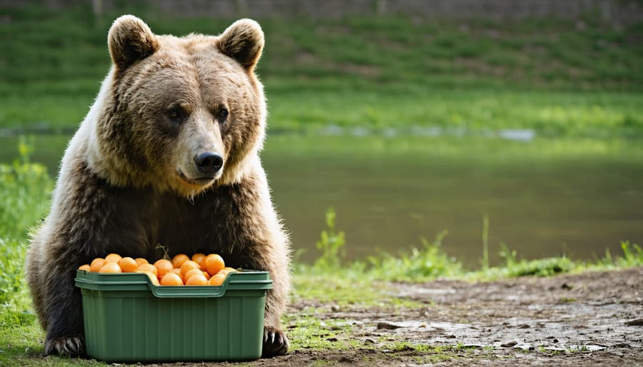 Demonstration of wildlife-safe food storage methods including bear-proof container and sealed coolers