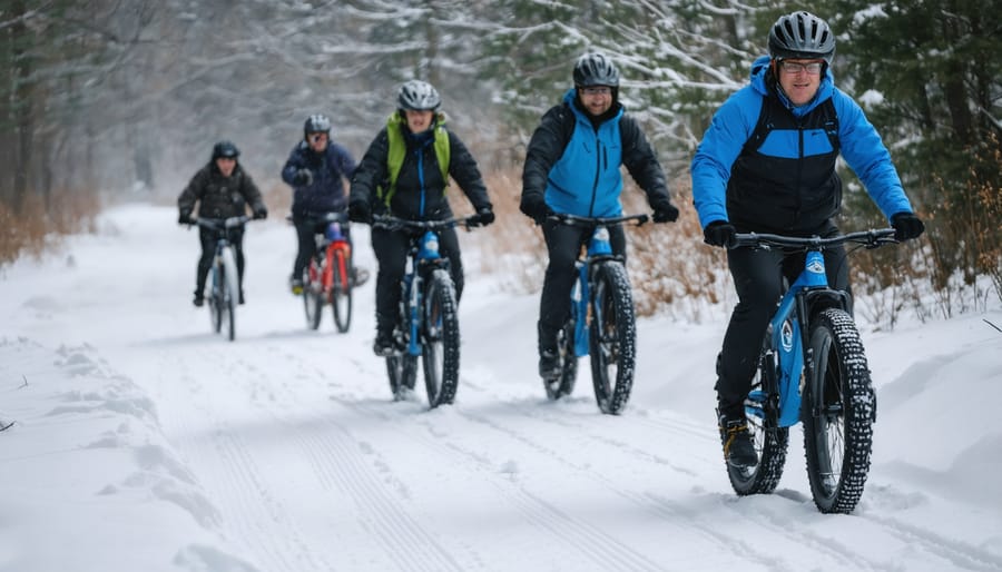 Winter fat bikers riding through snow-covered forest trails
