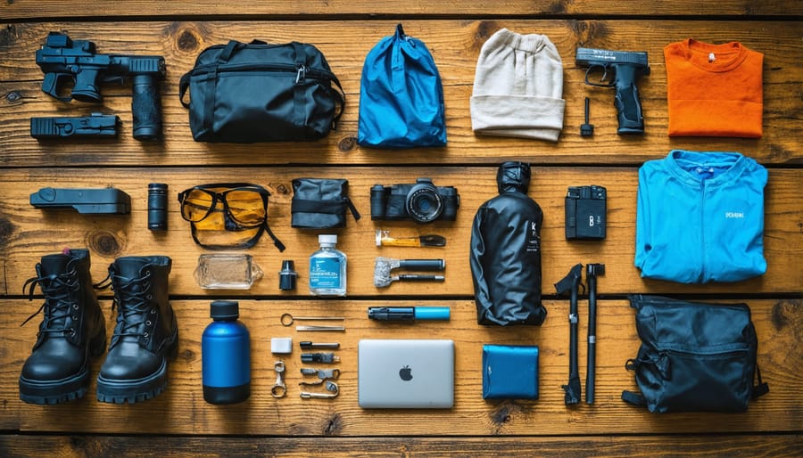 Essential winter survival gear including fire starter, emergency blanket, multi-tool, compass, and first aid supplies