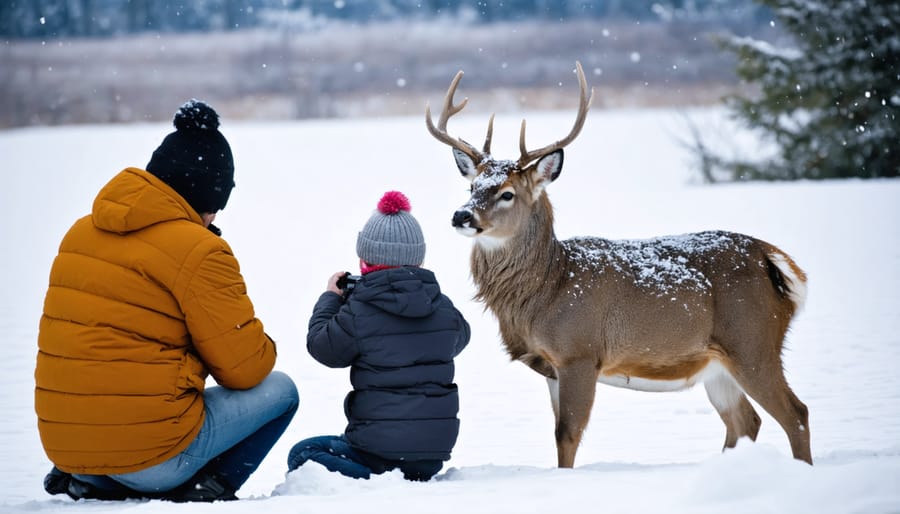 Family quietly observing and photographing wildlife in a winter forest setting