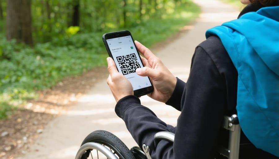 Visitor using Ontario Parks' mobile app to navigate an accessible boardwalk trail