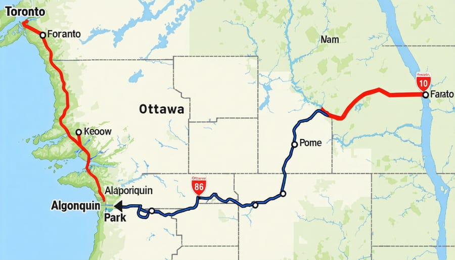 Road map highlighting major highways and routes connecting major cities to Algonquin Park