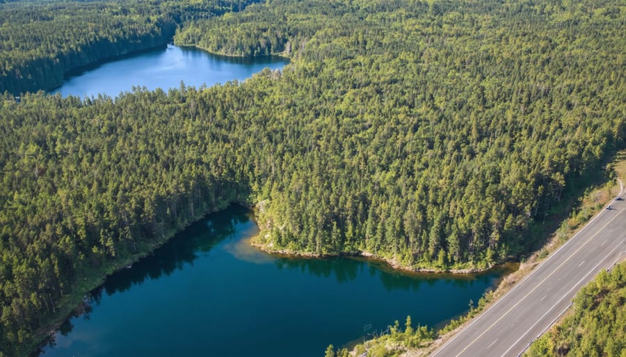 Bird's eye view of Algonquin Park's vast wilderness with Highway 60 winding through dense forest