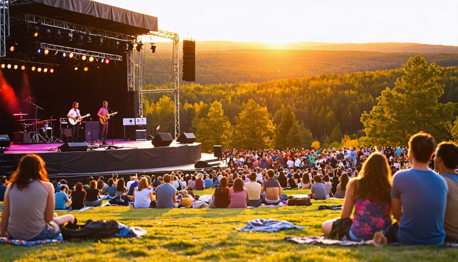 Musicians performing at Algonquin Park's outdoor amphitheater during sunset with crowd enjoying the show
