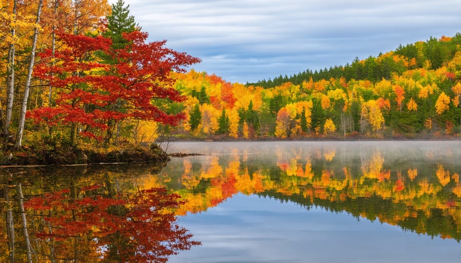 Vibrant red and orange maple trees reflecting in a calm lake during fall in Algonquin Park