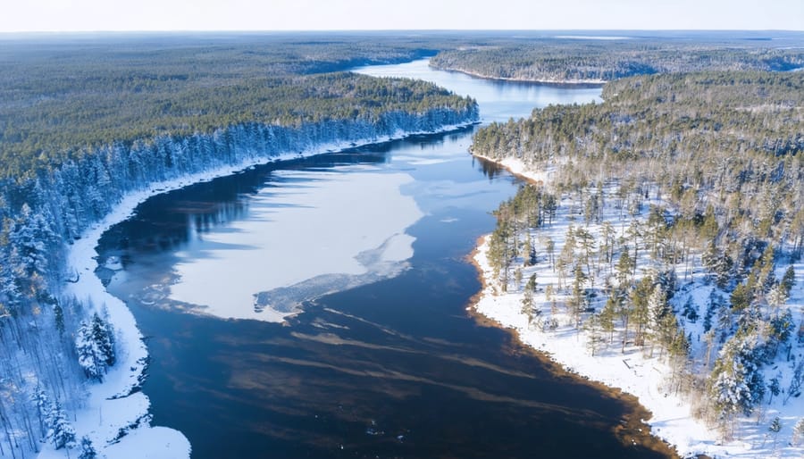 Scenic winter aerial view of Algonquin Provincial Park's snow-covered landscape