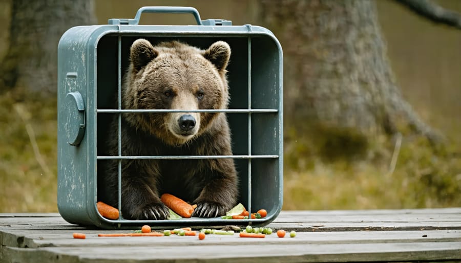 Demonstration of bear-safe food storage methods including hanging food pack and using bear-proof container