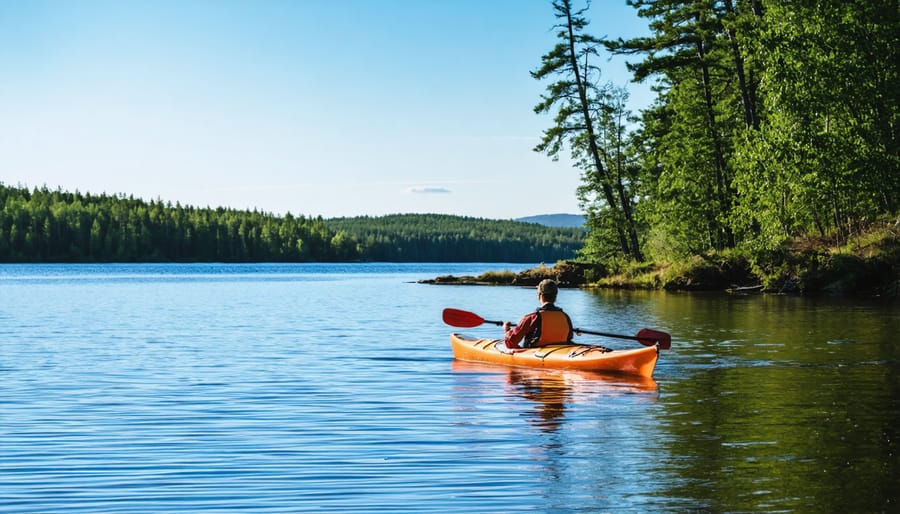 Person kayaking on a peaceful lake surrounded by forest in Algonquin Park