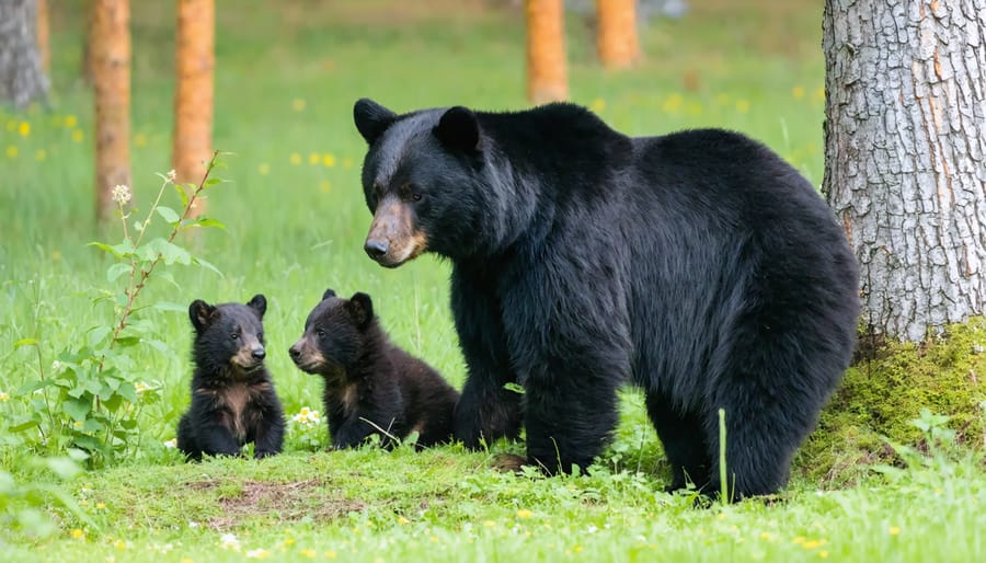 Black bear mother guiding two young cubs through an Ontario forest in springtime