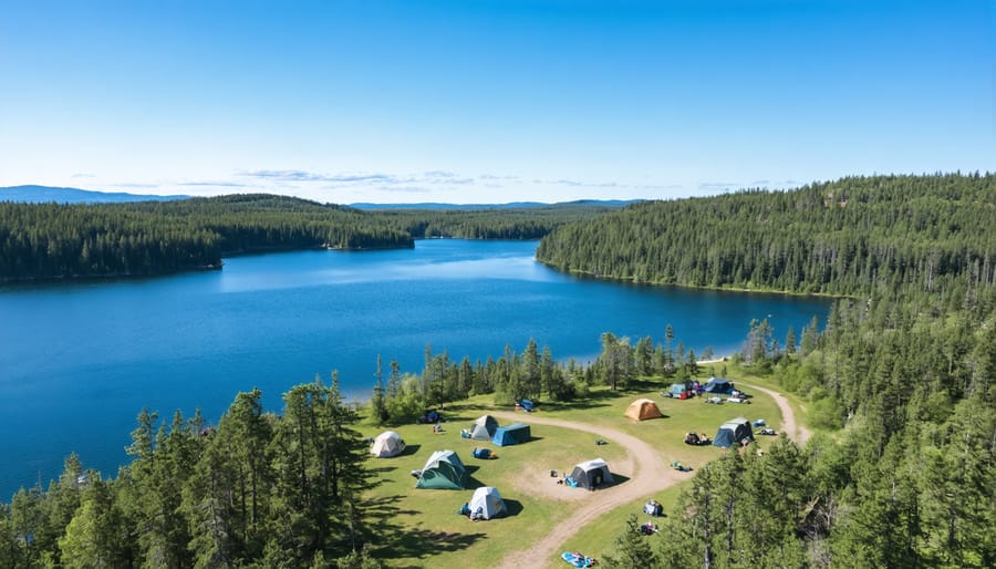 Panoramic aerial view of Blue Lake Provincial Park with crystal clear waters and forested shoreline