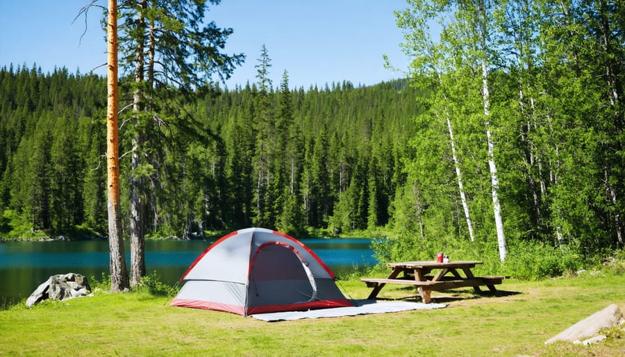 Well-maintained campsite with picnic table, fire pit, and tent pad at Blue Lake Provincial Park