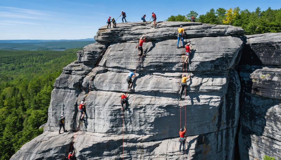 Rock climbers ascending the 100-meter granite cliffs at Bon Echo Provincial Park with lake reflection below