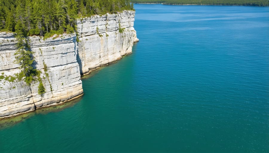 Scenic overhead view of Bruce Peninsula National Park showing limestone cliffs and Georgian Bay