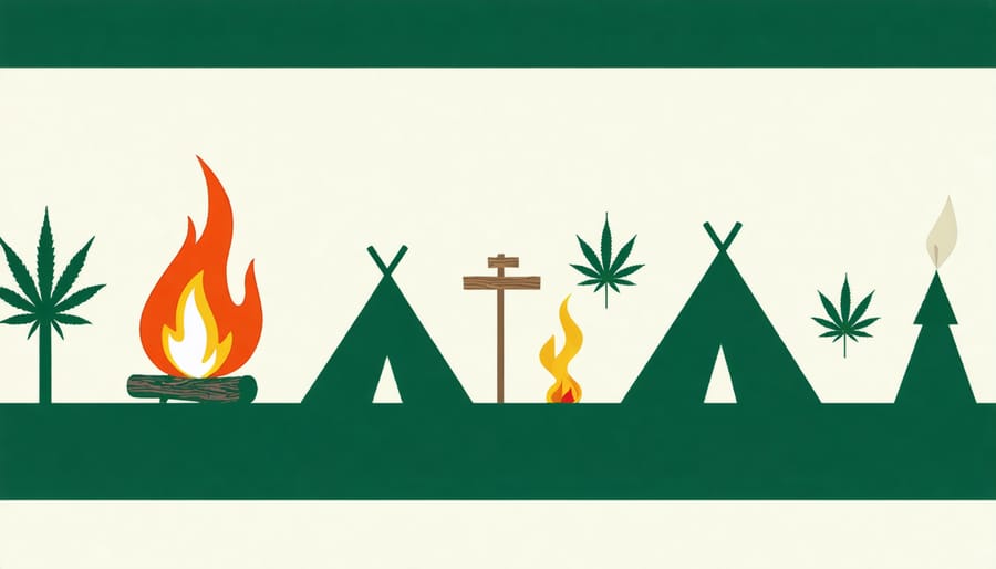 Safety diagram illustrating proper cannabis material disposal and fire prevention in nature