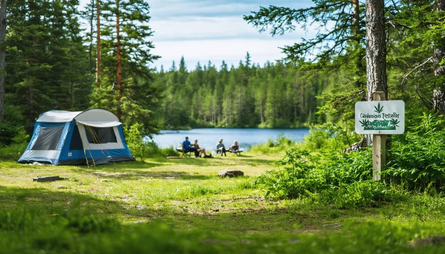 Scenic campground in Ontario with a designated cannabis-friendly area, surrounded by lush nature and a serene lake.