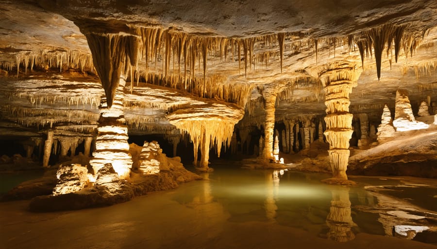 Beautiful cave formations showing stalactites hanging from ceiling and stalagmites rising from floor
