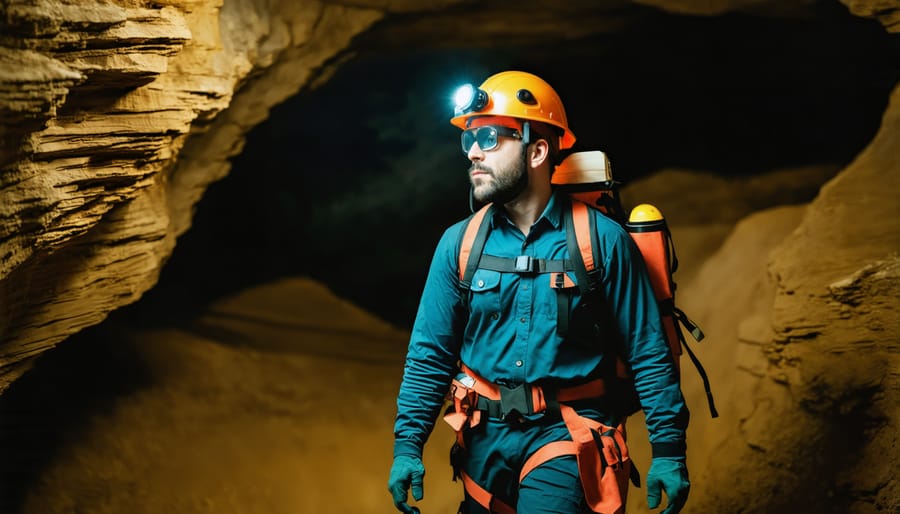 Cave explorer demonstrating essential safety equipment and proper gear setup