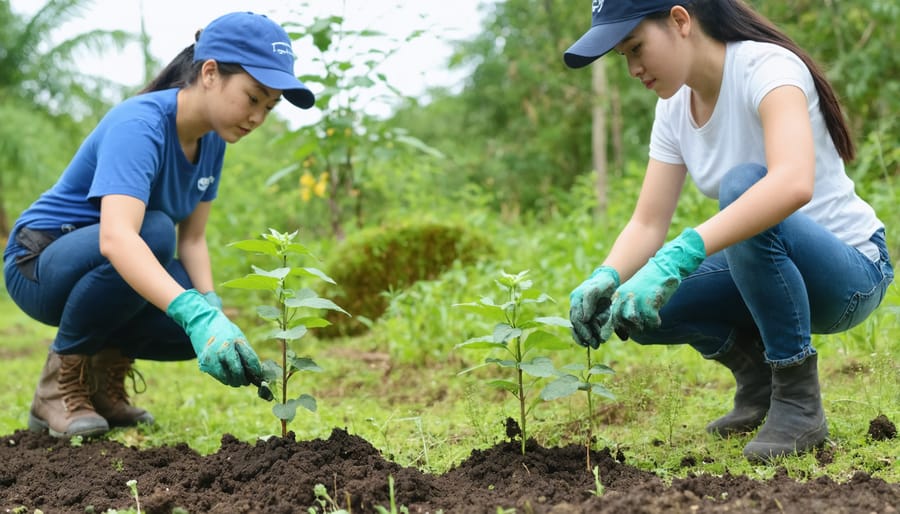 Group of community volunteers planting native trees and shrubs in an Ontario park