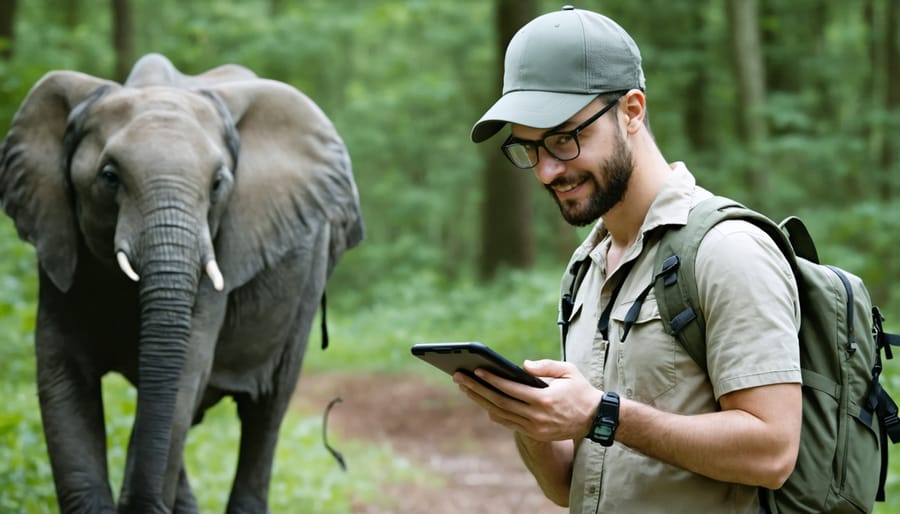 Group of citizen scientists using mobile apps and cameras for wildlife monitoring