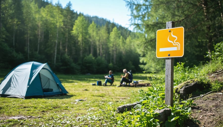 Designated outdoor smoking area at a campground with clear signage and natural surroundings