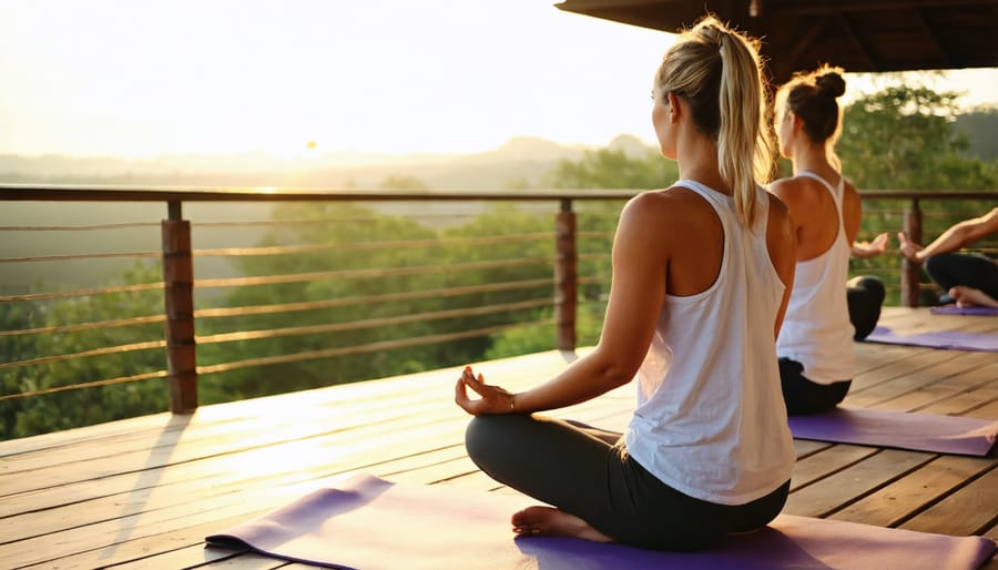 Hotel guest participating in early morning yoga class with scenic park views