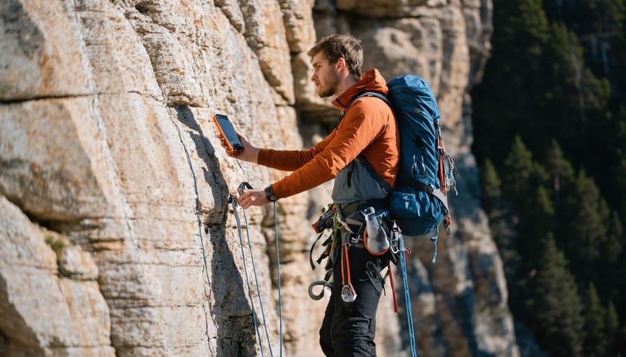 Rock climber with safety equipment searching for a geocache on a cliff face in Ontario