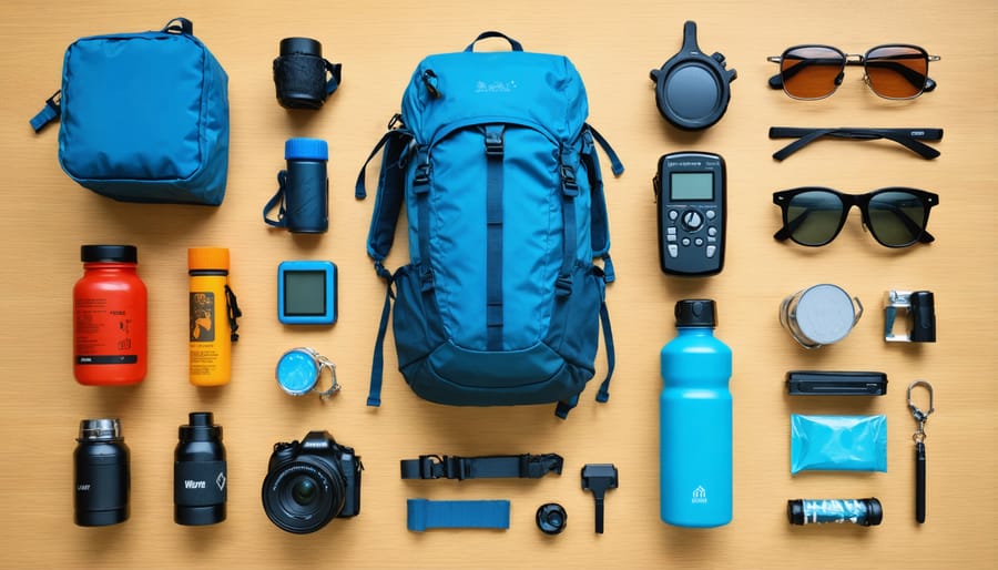 Essential equipment and tools needed for extreme geocaching displayed on wooden surface