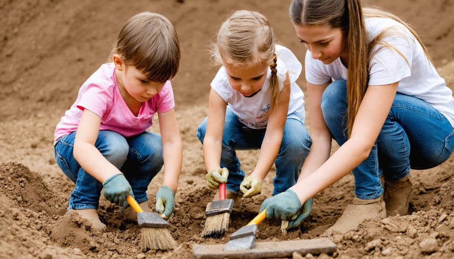 Children and parents learning excavation techniques at a Museum of Ontario Archaeology educational program