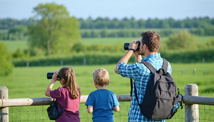Parents and children using binoculars and wildlife viewing equipment at a park observation point