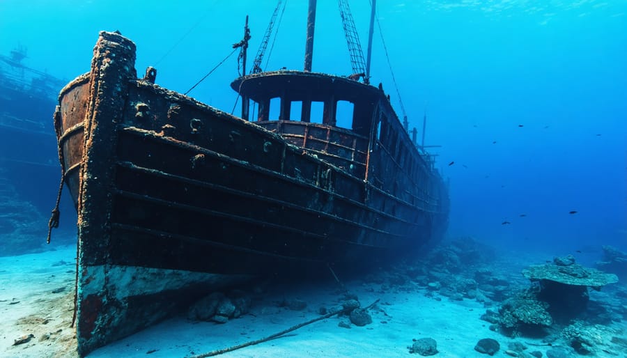 Sunken wooden ship remains with visible hull structure in clear waters of Georgian Bay