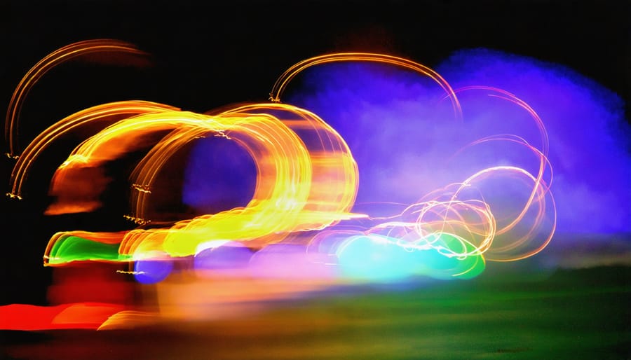 Stunning night photography showing colorful light trails and reflections at the festival